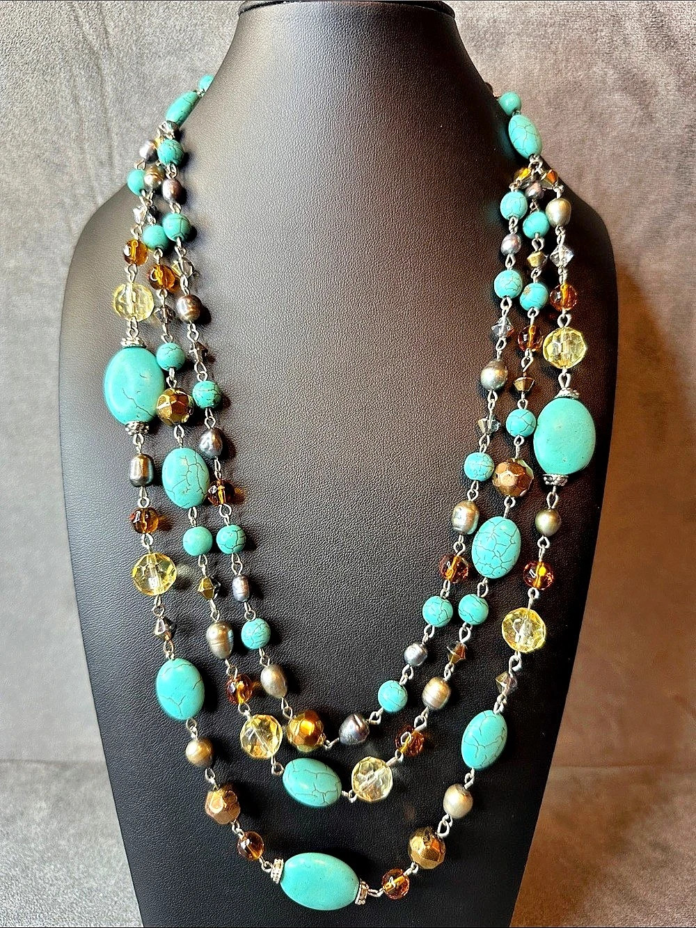 Genuine Pearl & Turquoise-Color Triple-Strand Statement Necklace